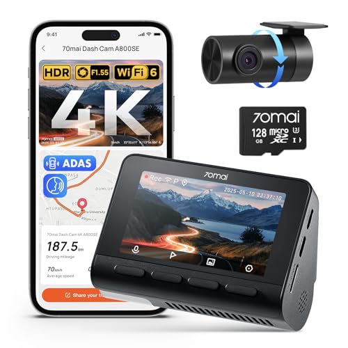70mai 4K Dash Cam Front and Rear, Built in Wi-Fi 6 & GPS Car Camera, Super Night Vision, ADAS, 3'' IPS Screen, 24H Parking Mode, Time-Lapse, Loop Recording, with 128GB Card (A800SE)