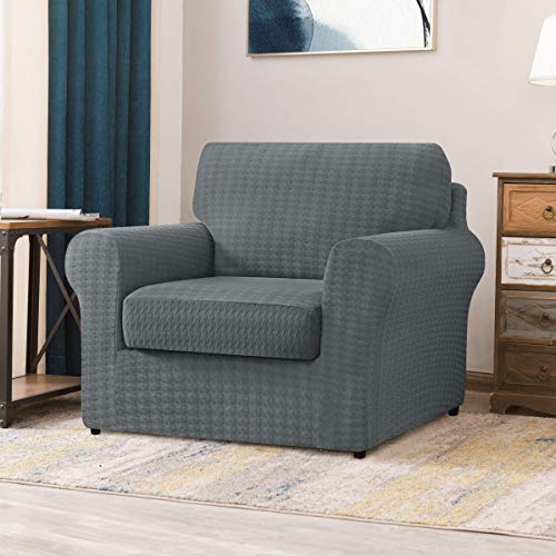 Chun Yi 3 Piece Armchair Sofa Cover, 1 Seater Stretch Couch Slipcover With One Separate Backrest And Cushion With Elastic Band, Houndstooth Fabric(Gray) #TOP1
