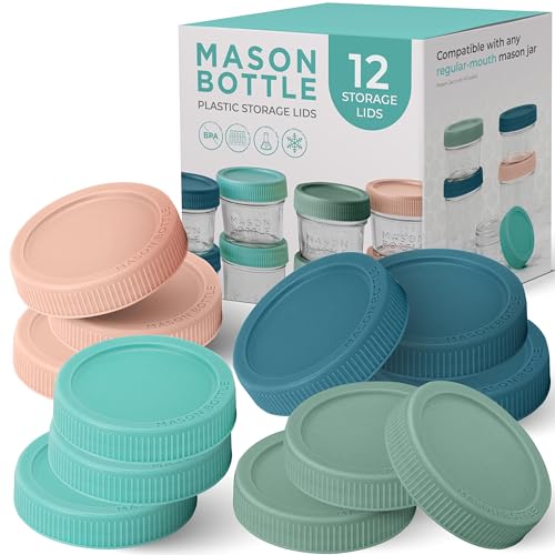 Image of Mason Bottle Plastic Storage Lids (12-Pack) – Fits Regular-Mouth Mason Jars – Silicone Inner Seal, Food-Safe, BPA-Free, Rust-Free, Made in USA, Jar Not Included (Variety)