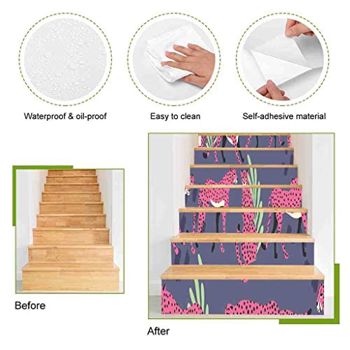 Johizuta Stair Stickers Set Of 13 Hand Drawn Exotic Big Cat Pink Cheetahs Decorative Staircase Sticker Decals Removable Murals For Stairs Risers Stairway Wall Decor,39.4"X7.1" #TOP1