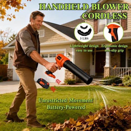 Image of Cordless Leaf Blower, 800,000 RPM Electric Handheld Blower, Leaf Blower Cordless with 2x4.0Ah Batteries & Charger,Snow Blowers with 2-Nozzles for Patio,Lawn Care,Dust,Snow & Car Drying, Orange