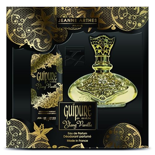 JEANNE ARTHES - Coffret Cadeau EDP + Spray pour le corps Femme - Guipure Ylang Vanille - Eau de parfum 100 ml + Déospray 150 ml - Parfum Musc Vanille - Fabriqué en France à Grasse