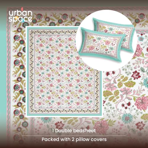 Image of Urban Space 100% Cotton Jaipuri Handblock Printed Double Bedsheet with 2 Pillow Covers, 200 TC Cotton Bedsheet (Size 90 x 100 inches, Anokhi)