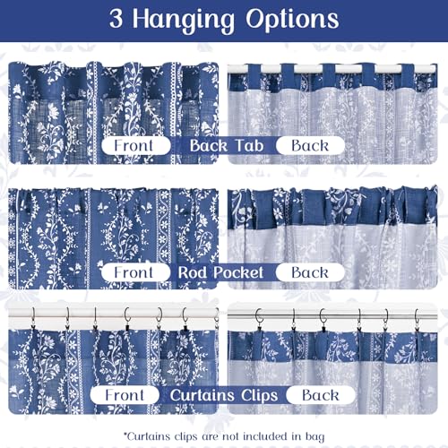 Image of Yinhua Boho Curtains for Living Room 84 Inch Length Vintage Linen Blue Curtains for Bedroom Light Filtering Floral Window Curtain Rod Pocket & Back Tabs Farmhouse Rustic Tassel Drapes with Tiebacks