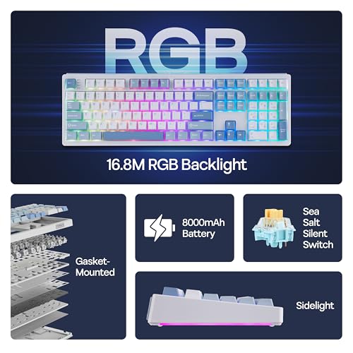 Image of MechLands EPOMAKER TH108 Full Size Mechanical Keyboard, Wireless Gaming Keyboard, 8000mAh Battery, Creamy Gasket, 108 Keys, Hot Swap, Custom Driver, RGB Backlights (Blue&White, Sea Salt Silent Switch)