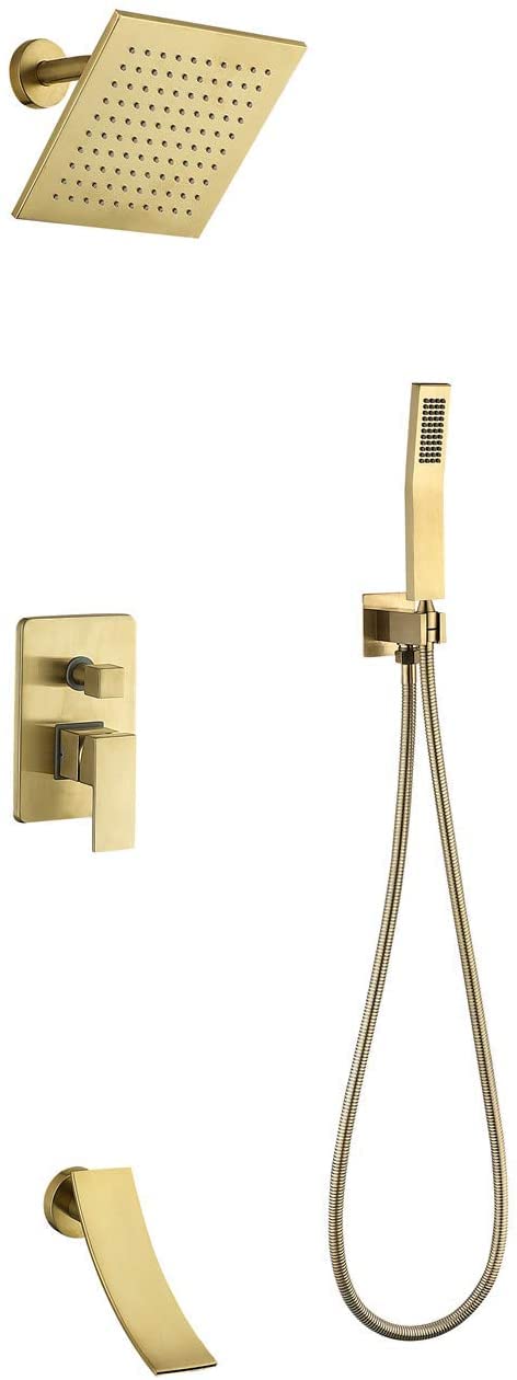 SBCGFY 3-Function Brushed Shower Set - 8-Inch Rainfall Showerhead, Waterfall Tub Spout & Handheld Shower Faucet Mixer For Luxurious Bathroom Experience,Brushed Gold-8 Inch