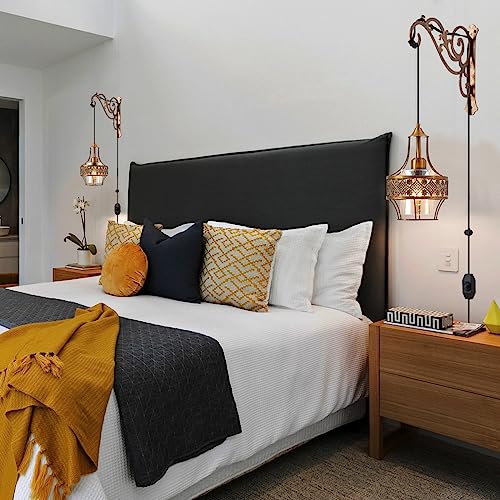 Image of Boho Plug in Wall Sconces Set of Two,Dimmable Vintage Wall Hanging Lights with Plug in Cord with Gold Metal Arm,Wall Mount Hanging Lamp for Bedroom Living Room