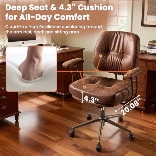 Image of Brown Leather Home Office Chair, Mid Back Ergonomic Desk Chair with Lumbar Support, Mid Century Modern Deep Seat Swivel Rocking Computer Chair, Dark Brown Suede