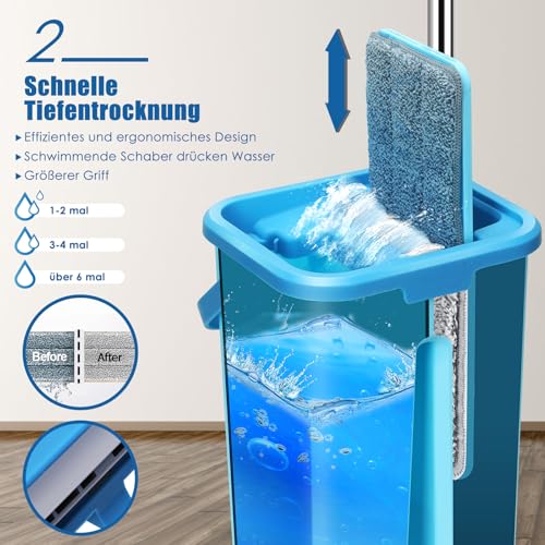 Myiosus Wischmopp Set mit Eimer, Bodenwischer, 2 in 1 Putzeimer mit Wischmop, Flachmopp mit 132cm Edelstahlstil, 360° Drehbarer Wischmopp mit Auswringfunktion für Alle Bodentypen-3X Mikrofaser Pads – Bild 4