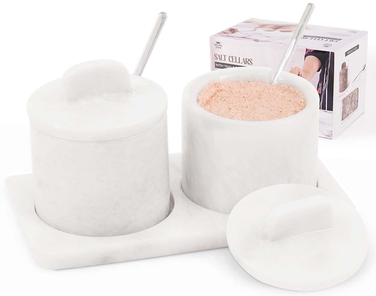 SPESHSTONES Juego de 2 botes de sal de mármol blanco de 10,16 cm con tapa, para sal de mesa, portal, botes de especias, azucarero, recipientes para condimentos, dispensador
