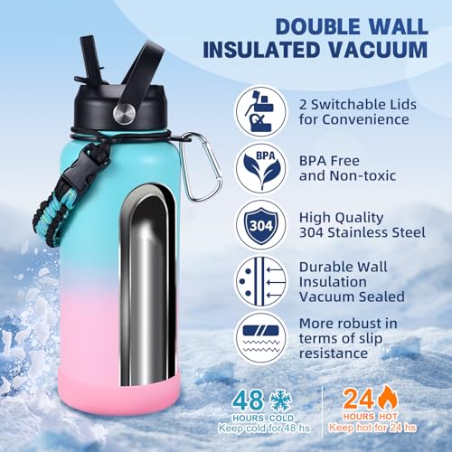 Image of Insulated Water Bottle, 32 oz Stainless Steel Wide Mouth Water Bottles with 2 Leak Proof Lid and Paracord Handle, Double Wall Vacuum Insulated Sports Water Bottle, Teal Pink