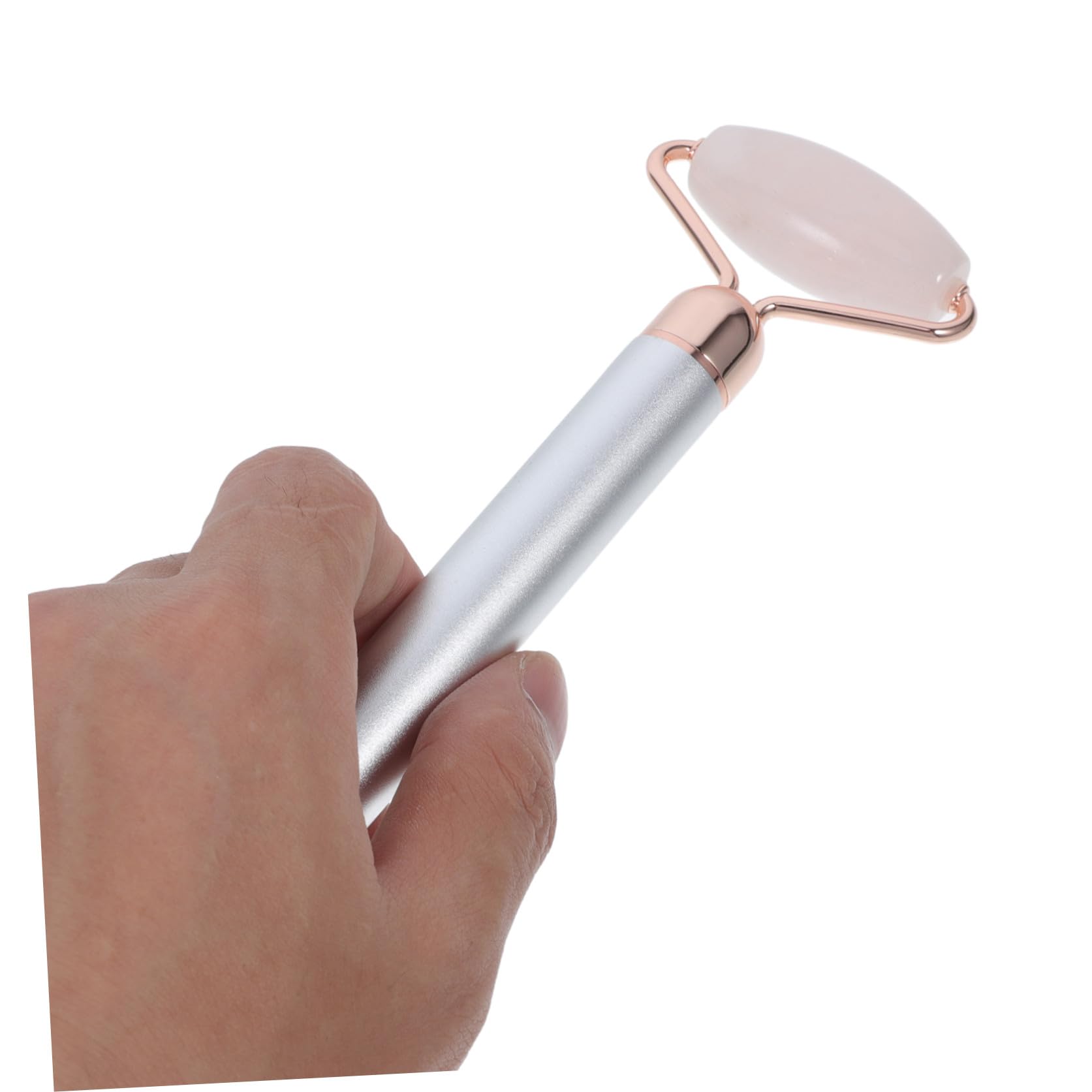 Operitacx Rouleau de Massage Facial en Jade Naturel Électrique Multifonction Rouleaux en Cristal de Quartz Rose Argenté, Kit de Soins du Visage Anti-âge pour Massage du Cou Visage, Outil