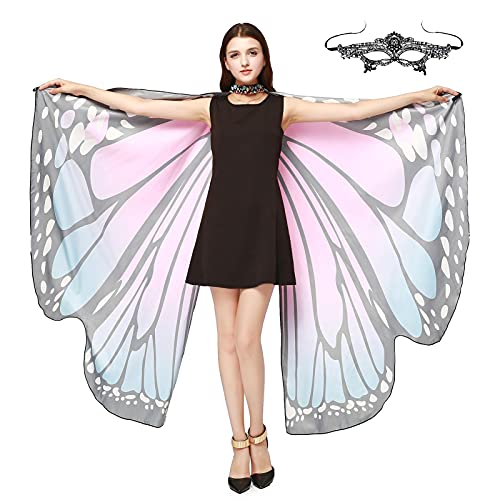 HoneybeeLY Damen Schmetterling Kostüm Faschingkostüme Flügel Schal Schmetterlingsflügel Erwachsene Poncho Umhang für Party Halloween Weihnachten Kostüm Cosplay Karneval Fasching, Blau Rosa Cover