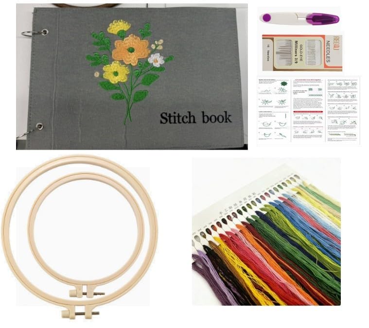 Angoily Libro de Puntadas de Bordado Y Kits de Bordado, Kit Completo de para Principiantes con Tutoriales, 38 Patrones de Práctica de Puntadas, Aro E Hilo para Manualidades.