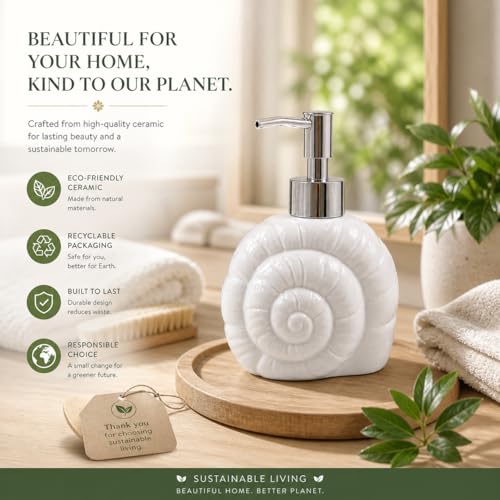 Image of Whizzo Ceramic Shell Shaped Liquid Soap Dispenser with Chrome Pump | Elegant Bathroom & Kitchen Accessory | White Glossy Finish | Refillable Handwash Lotion Bottle (420ML, LD-212, Design3)
