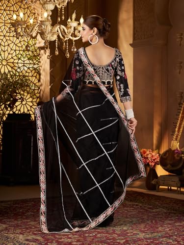 Image of Pandadi Saree Women's Net Embroidery Work Saree With Unstitched Blouse Piece