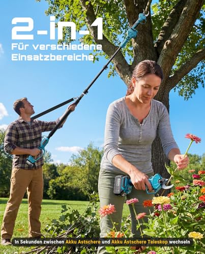 SEESII Akku Astschere Teleskop– 4,5 m Gesamtreichweite, 40mm Schnitt, 2 * 4000mAh Akkus, SK5 Klinge, 2-in-1 Elektrische Gartenschere für Baum, Strauch & Heckenpflege PS040Pro