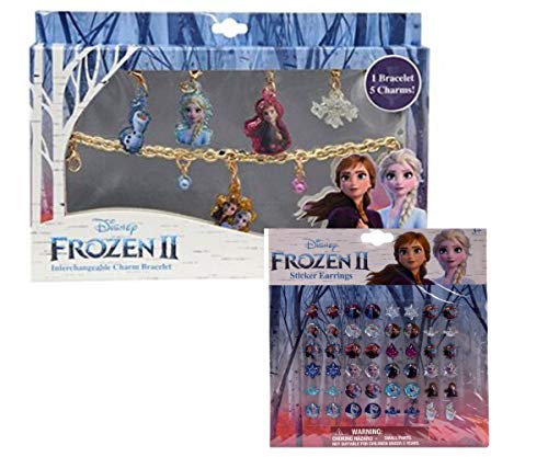 Disney Collections Etc Frozen 2 Interchangeable 5 Charm Bracelet and 24 Sticker Earrings (Gold)