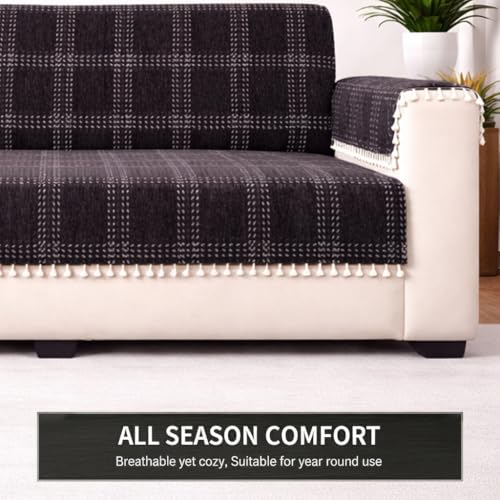 Image of STITCHNEST Woven Fabric Sofa Cover 2 Seater with 2 Hand Rest Covers - Washable Brown Sofa Cover with Tassels - Durable Premium Fabric - Stylish Sofa Protector for Living Room & Furniture Decor