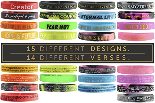 15 Bracelet Pack Of Bible Verse Rubber Bracelets - Unique & Colorful Silicone Wristbands As Perfect Christian Gifts For Women & Men Or Stocking Stuffers - Rubber Wristbands, Christian Gifts & Silicone Bracelet By Royal Warriors Legacy (Medium - 7") #TOP2