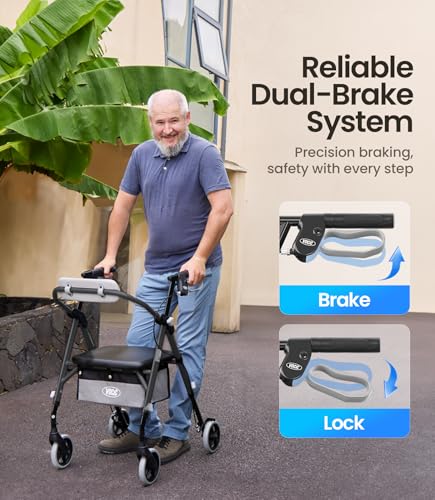 Image of VOCIC Z11 Rollator Walker for Seniors with Seat, 380 LBS | Lightweight Design with Ergo Seat & Backrest, Height Adjustable & Easily Foldable for Seniors' Mobility, Blue