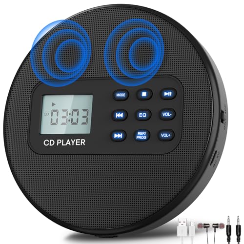 KUEPHOM Portable CD Player for car: Rechargeable Walkman CD Player with Stereo Speakers and Anti-Skip Protection Discman CD Player with Headphones LCD Display with Backlight