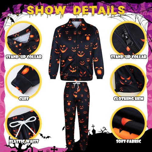 Image of Arssm Men Halloween Outfits Sets Pumpkin Tracksuit Jacket and Jogger Sweatpants Cosplay Party Daily Wearing(BlackPumpkin-M)