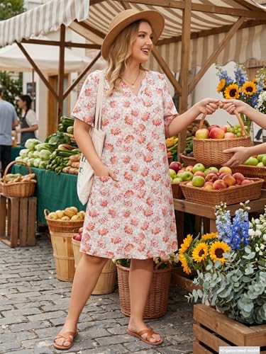 Image of AusLook Plus Size Midi Dress for Women V Neck Short Sleeve Summer Casual Loose Fit Vacation Sundress with Pockets 1X-5X