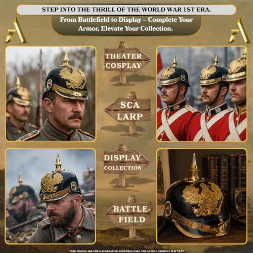 Image of AnNafi German Pickelhaube Spike Helmet, Leather Pickelhaube Imperial Prussian Helmet, Brass Military Officer Men's Costume, WWI & WWII Helmets Replica LARP Re-Enactment Party Cosplay Costumes