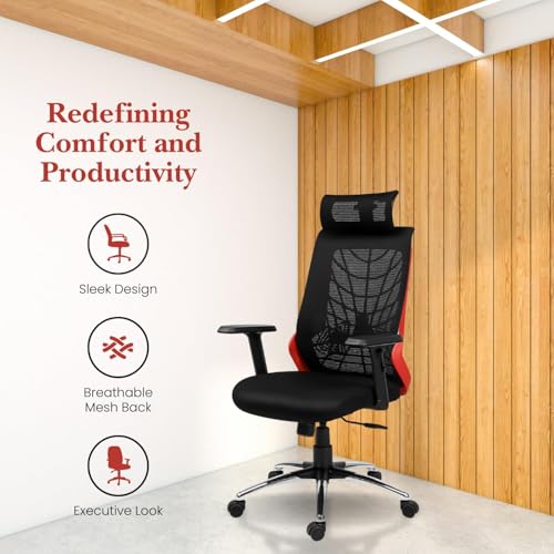 Image of activa Cyber Ergonomic High Back Office Chair | Mesh Computer Chair with Adjustable Headrest | Lumbar Support | Armrest & Swivel Wheels | Comfortable Chair for Home /Office /Study /Gaming (Red Black)