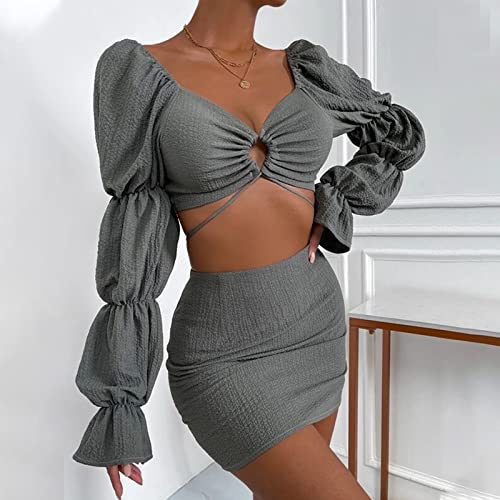 Conjuntos de camisetas de manga comprida com decote em V recortado ilhó lápis laço nó bandagem top s