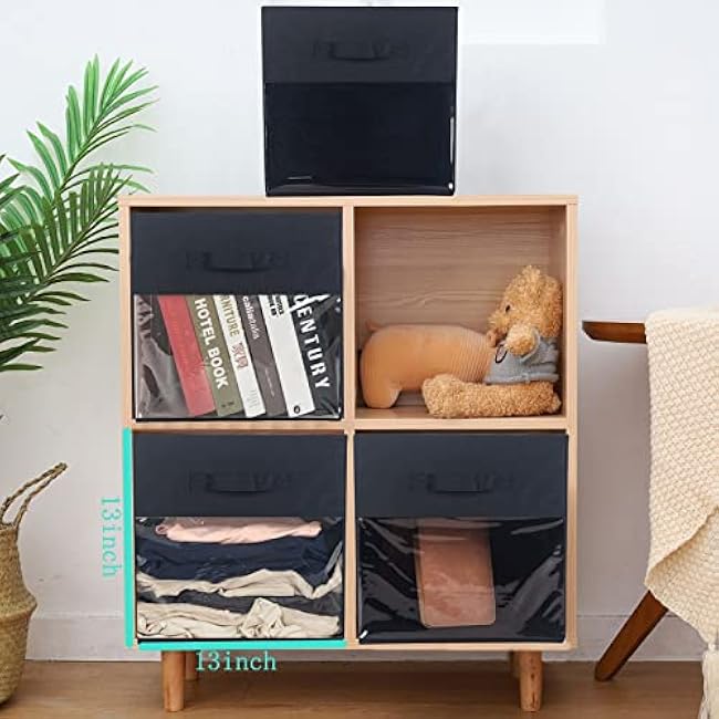 Cube Storage Bin 4 Pack with Clear Window Large Boxes Basket with Handles Fabric Closet Organizer 13 x 13 x 13 Black