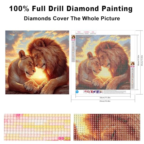 Image of Diamond Paintings Kits for Adults Beginners, Full Round Drill Diamond Arts Kits for Adults, Lion Couple Paint by Diamonds, 5D DIY Diamond Painting Dot Gem Art, for Home Wall Decor 13.8x13.8 Inch