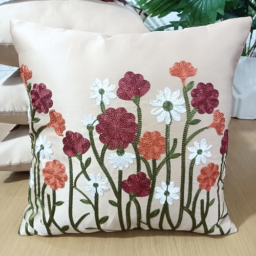 Image of LOFEY Satin Cushion Covers Set of 5 | 16 inch x 16 inch (40x40 cm) MultiFloral Decorative Sofa & Bed Pillow Covers for Living Room & Bedroom Decor (Without Filler) (Beige)