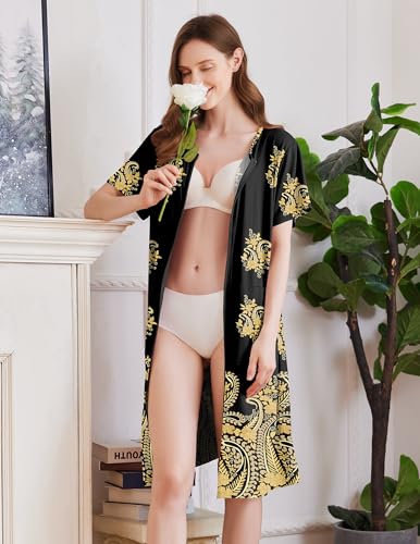 Image of Ekouaer Women Robes Lightweight House Coat Short Sleeve Floral Print Mumu House Dresses with Pockets Zipper Nightgowns