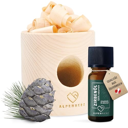 Alpenherz Zylinder Set mit Zirbenöl 10 ml naturrein aus Österreich Zirbenholz Würfel Duftspender Zirben Duft Holz Deko Zirbe Diffusor Diffuser Geschenke Zirbenlüfter Zirbenset