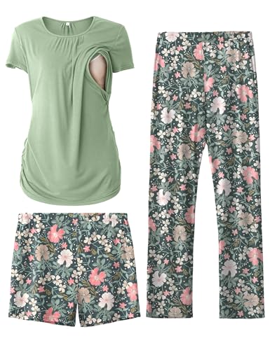 Image of SUNNYBUY Womens Maternity Nursing Pajamas Set, Short Sleeve Breastfeeding Shirts，Pregnancy Shorts & Pants 3 Piece Nursing PJS