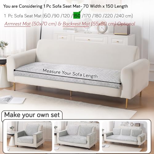 Image of HOKIPO Premium Velvety Quilted Anti-Slip Sofa Cover Mats for L-Shape & 1 /2 /3 Seater Sofa | Make Your Own Sofa Cover Set, 'Softline Quilted Series' 70(W) x 150(L) cm | Ice Grey (AR-6316-LGRY)