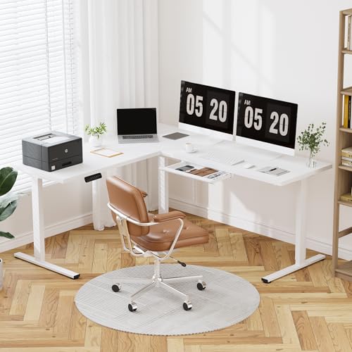 Image of FLEXISPOT L Shaped Standing Desk with Drawer, 71 x 63 Inch Electric Height Adjustable Corner Desk, Sit Stand Computer Workstation, Preset Controller, Home Office, White Frame with White Top
