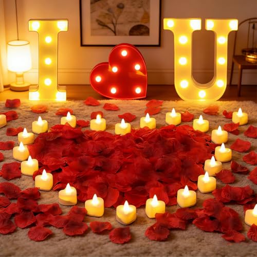 Lot de 3 lettres lumineuses LED avec 2000 pétales de rose rouge artificiels et 24 bougies LED coeur, pour la Saint-Valentin, nuit romantique, anniversaire de...