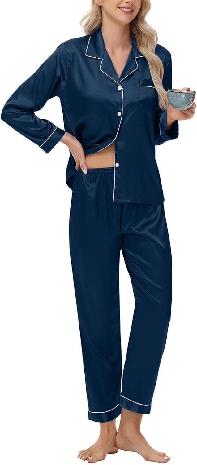 Womens Satin Pajamas Set with Pockets Long Sleeve Soft Sleepwear Lapel Collar Button Down Shirts and Pants Loungewear