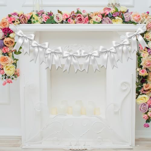 Image of 1 String of 8PCS White Bow Garland Banner Decoration,Pre-Strung Satin Ribbon Ornaments for Birthday,Bachelorette Party,Bridal Shower,Wedding, Engagement,Baby Shower,Graduation Decor,Anniversary