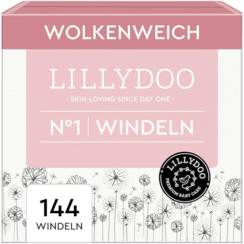 LILLYDOO hautfreundliche Baby Windeln - Größe 1 (2+ kg), Monatsbox (144 Stück), Sicherer Auslaufschutz, Weich, Ohne Parfüme & Lotionen für empfindliche Haut, Dermatologisch getestet
