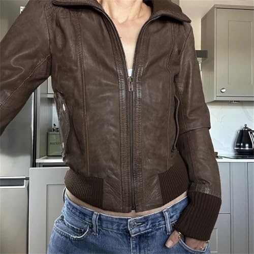 Women Vintage Leather Jackets American Retro Patchwork Zipper Slim Fit Coats PU Jackets3