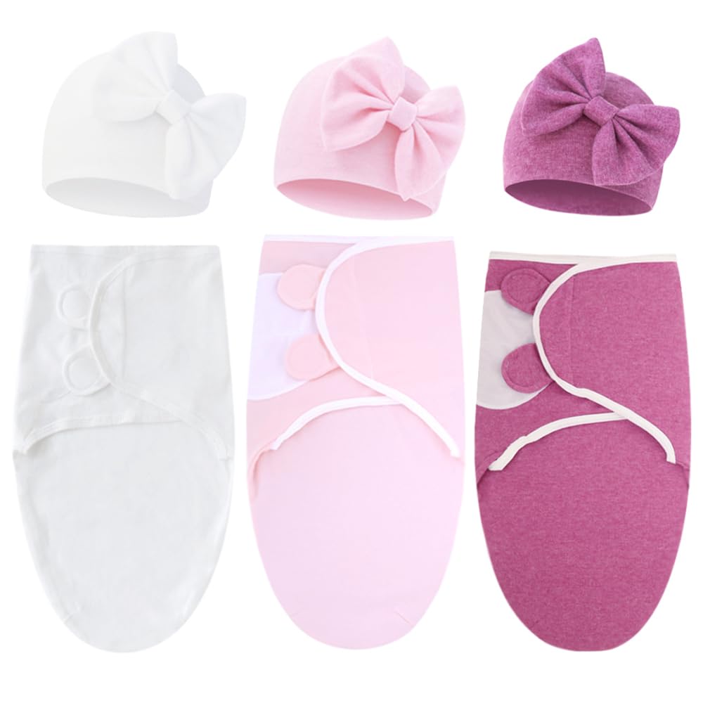 DRESHOW 3 Pack Newborn Swaddle Blanket with Hats Baby Swaddles Infant Adjustable Swaddling Wraps for 0-3 Months Girls Boys