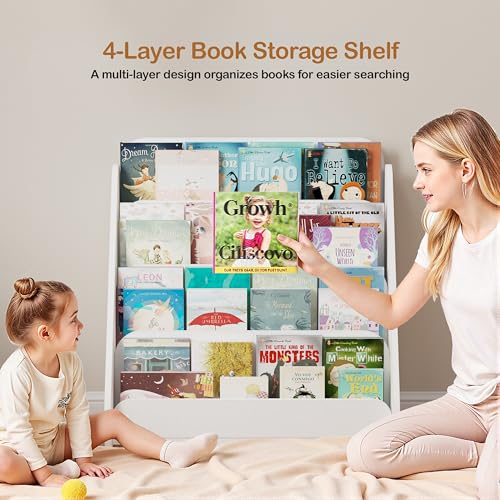 Image of Lkeiyay Kids Bookshelf - 4-Tier White Wooden Book Storage Organizer for Toddlers, Space-Saving Children's Book Rack for Kids Room /Nursery, Easy-Access Picture Book Display Shelf