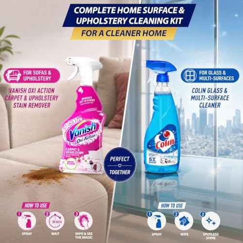 Image of Complete Home Surface & Upholstery cleaning Kit | Colin Glass and Surface Cleaner Liquid, 750 ml with Instant Stain Remover Spray, 500 ml | India's #1 Glass Cleaner & Upholstery spray