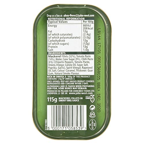 John West Skinless and Boneless Easy Peel Mackerel Fillets in Smokey BBQ Sauce 115 g