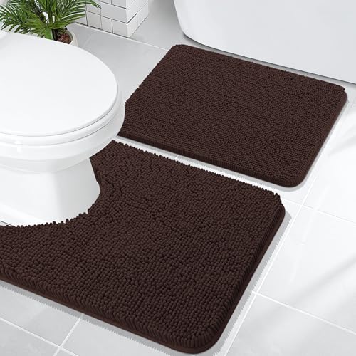 Image of OLANLY Bathroom Rugs Sets 2 Piece, Soft Absorbent Chenille Bath Mats and U-Shaped Contour Toilet Mat Area Rug Set, Machine Washable Bath Carpet, Home Decor Accessories(24 inchx16 inch+24 inchx20 inch, Brown)