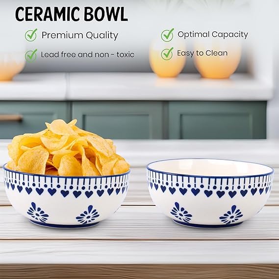 Image of Niyara Ceramic Printed Bowl Set of 2 | Premium Serving Bowls for Snacks, Soup & Desserts | Microwave & Dishwasher Safe (Blue Floral prin)
